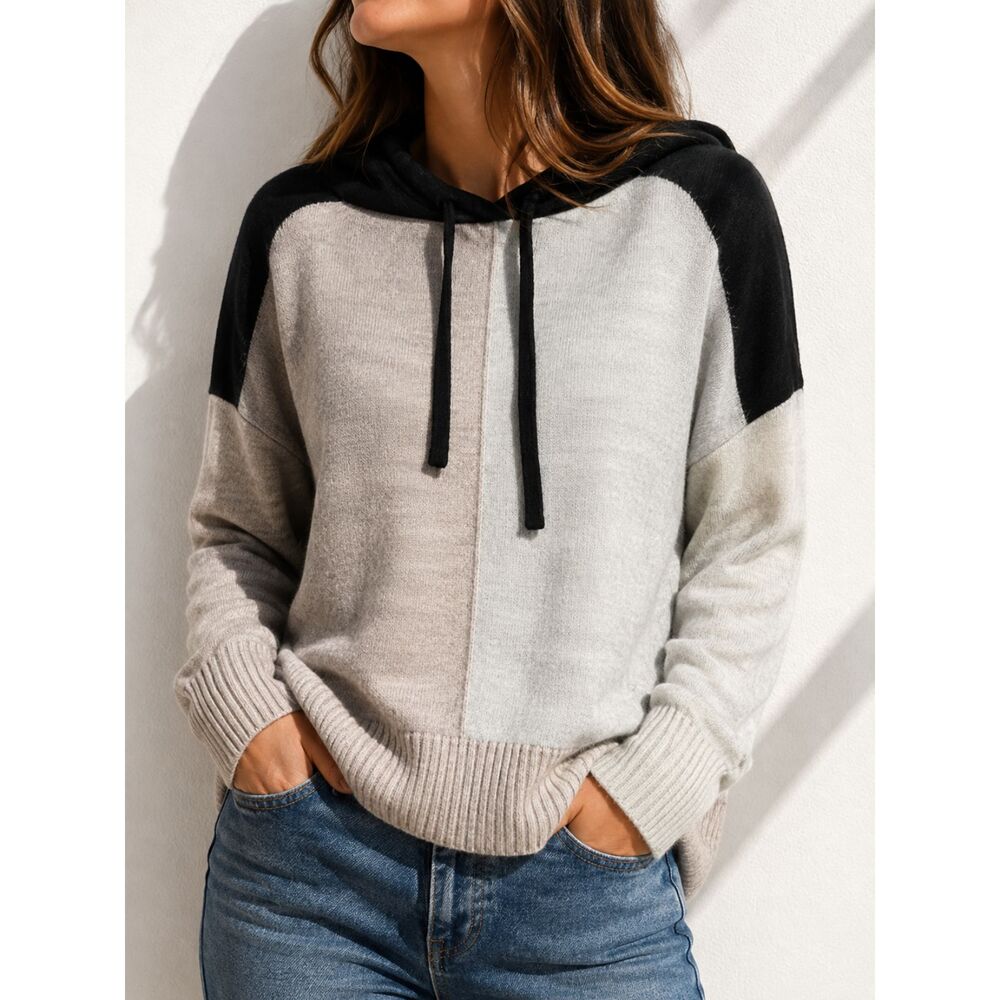 Dex Colorblock Hooded Sweater Women's Large Gray Black Knit Pullover Hoodie